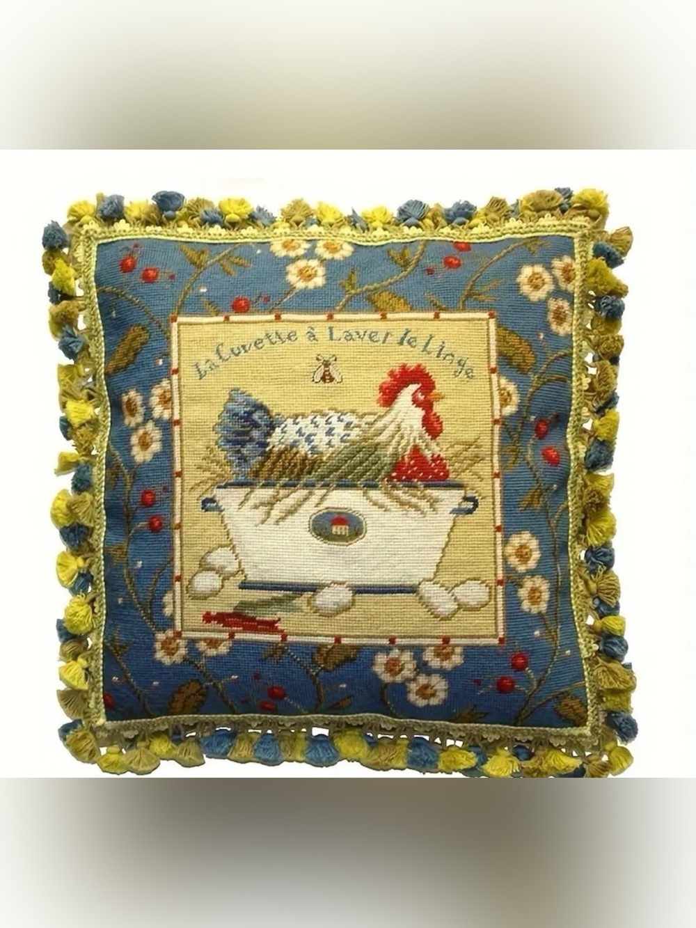 Vintage Rooster Needlepoint Pillow - Blue & Cream-20”-